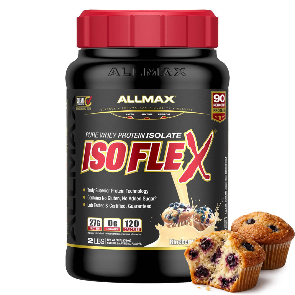 Allmax ISOFLEX Blueberry Muffin tub for high-protein post-workout recovery.