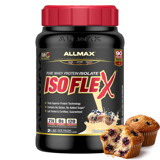 Allmax ISOFLEX Blueberry Muffin tub for high-protein post-workout recovery.