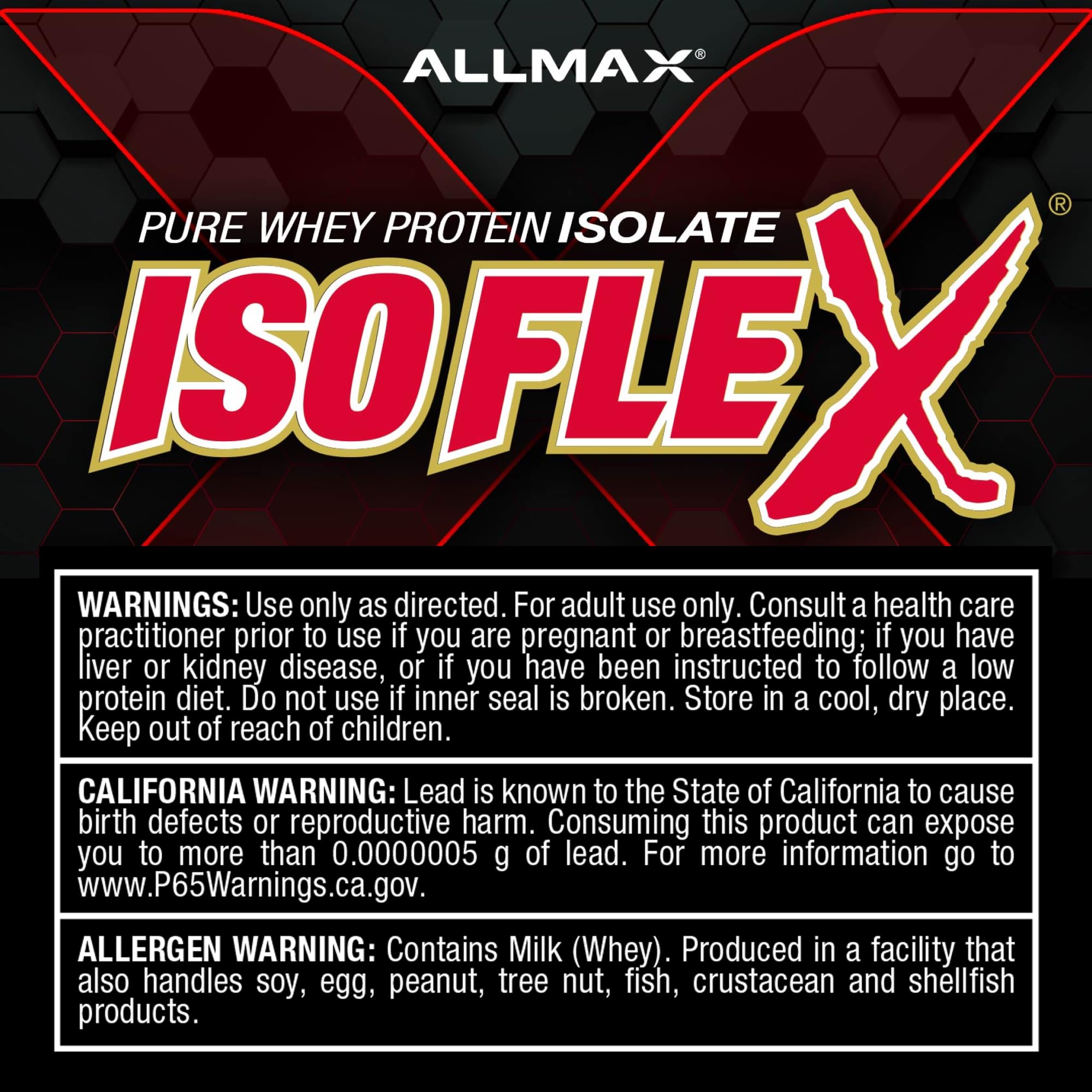 Allmax Isoflex brand logo on tub, signaling trusted whey isolate quality.