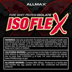 Allmax Isoflex brand logo on tub, signaling trusted whey isolate quality.