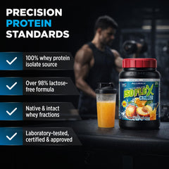 ALLMAX ISOFLEX Chiller label noting gluten-free, low lactose, and sugar-free features.