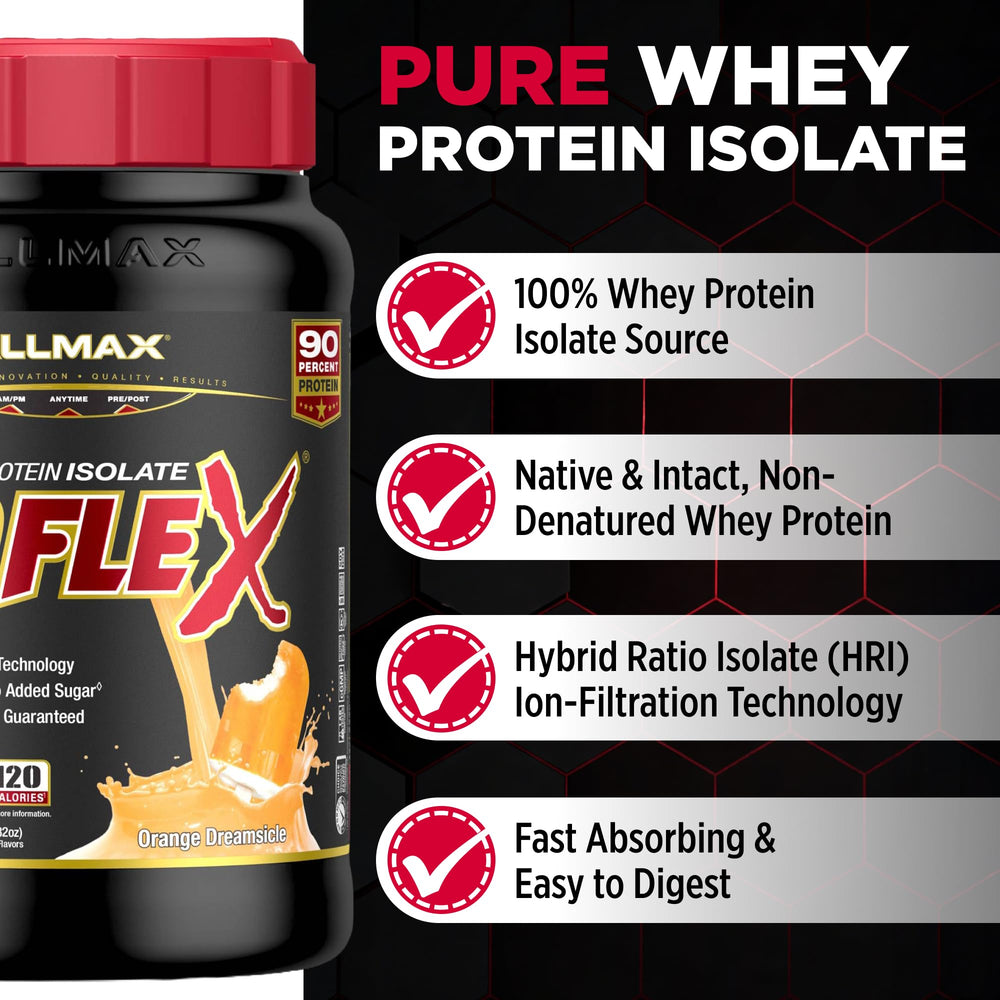 ALLMAX ISOFLEX gluten-free label on tub indicating allergy-friendly formula
