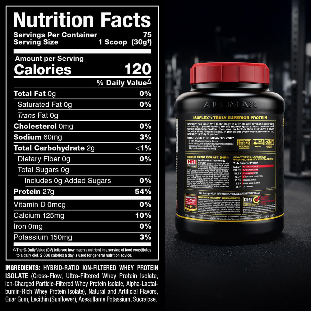 Allmax Isoflex packaging splash with glass of shake, illustrating versatile daily use.