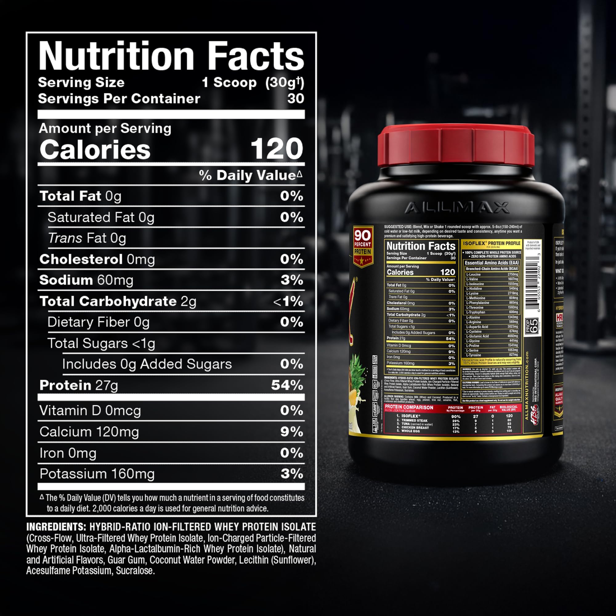 ALLMAX ISOFLEX Pineapple Coconut gluten-free label supports sensitive stomachs.
