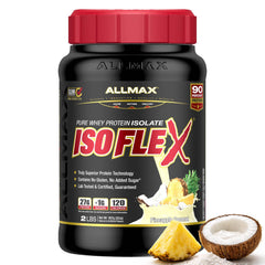 ALLMAX ISOFLEX Pineapple Coconut packaging highlights gluten-free, high-protein formula for athletes.