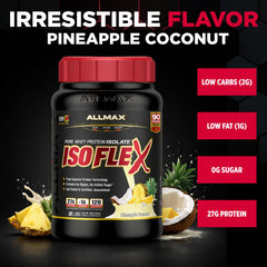 ALLMAX ISOFLEX Pineapple Coconut scoop emphasizes convenient protein portion for workouts.