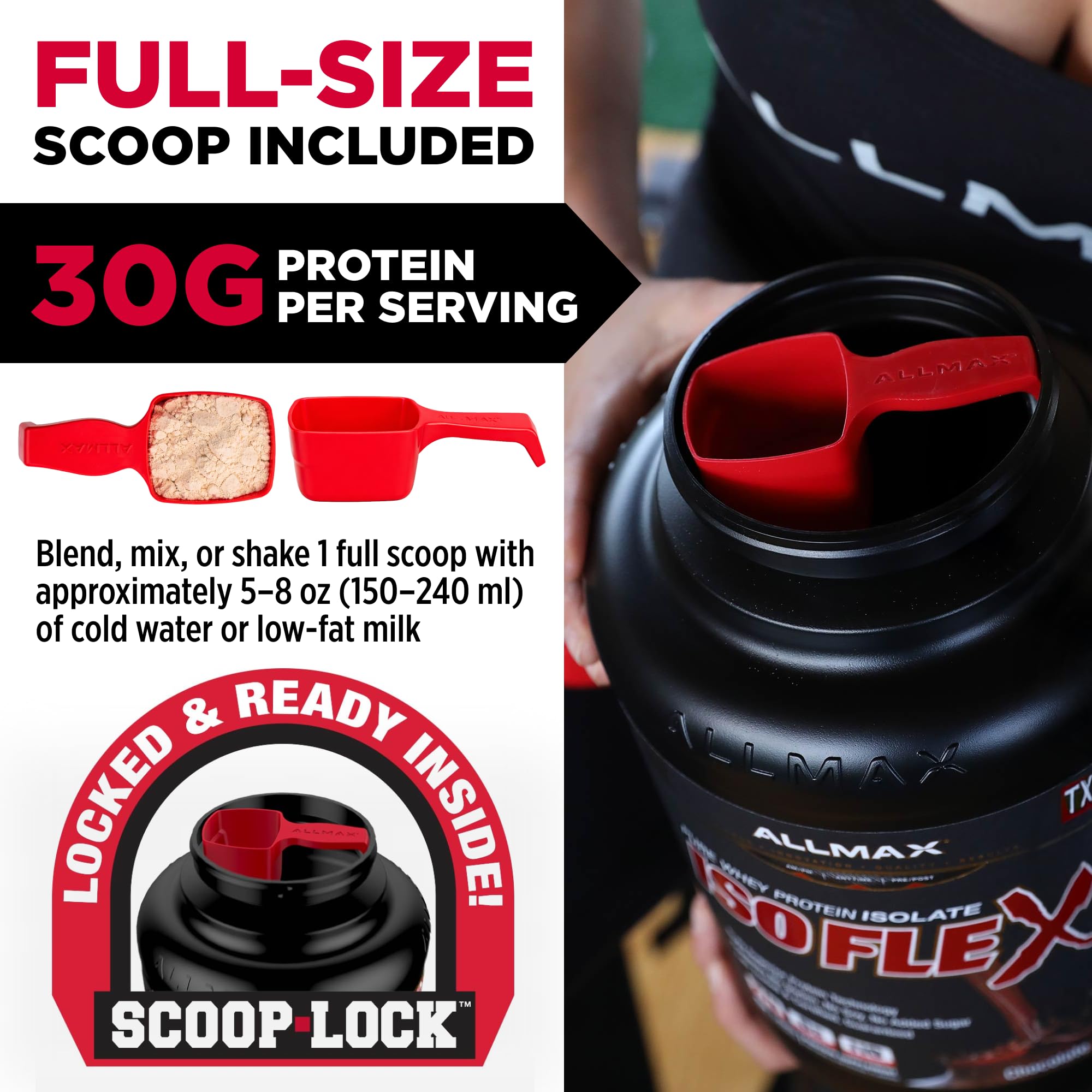 Allmax Isoflex post-workout mixer imagery, suggesting fast-absorbing protein during recovery.