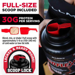 Allmax Isoflex post-workout mixer imagery, suggesting fast-absorbing protein during recovery.