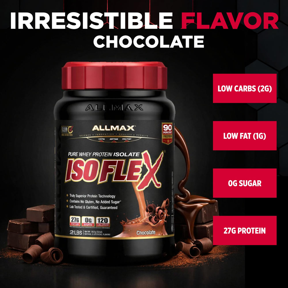 ALLMAX ISOFLEX protein scoop showing 27g protein per serving for lean gains.
