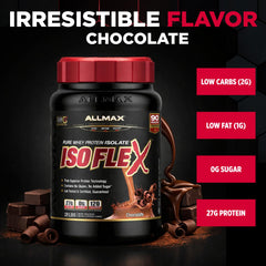 ALLMAX ISOFLEX protein scoop showing 27g protein per serving for lean gains.