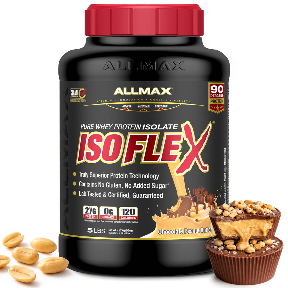 ALLMAX ISOFLEX bottle close-up highlighting pure whey isolate for clean post-workout recovery.