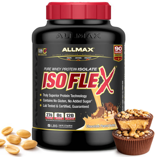 ALLMAX ISOFLEX bottle close-up highlighting pure whey isolate for clean post-workout recovery.