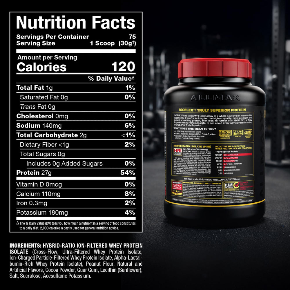 ALLMAX ISOFLEX gluten-free and low-lactose label on packaging for sensitive digestion.