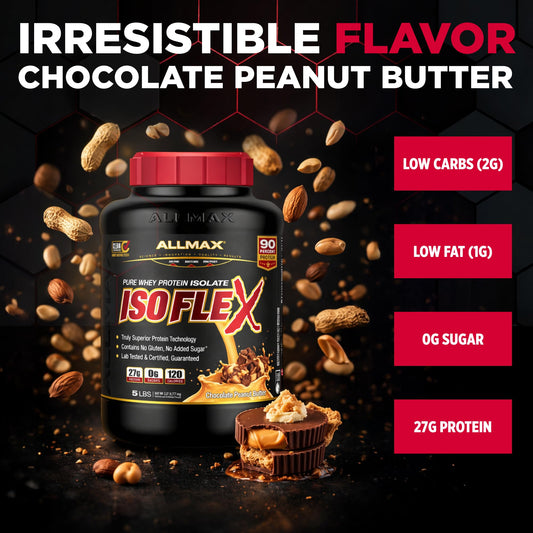 ALLMAX ISOFLEX scoop pouring powder into a shaker for rapid protein delivery.