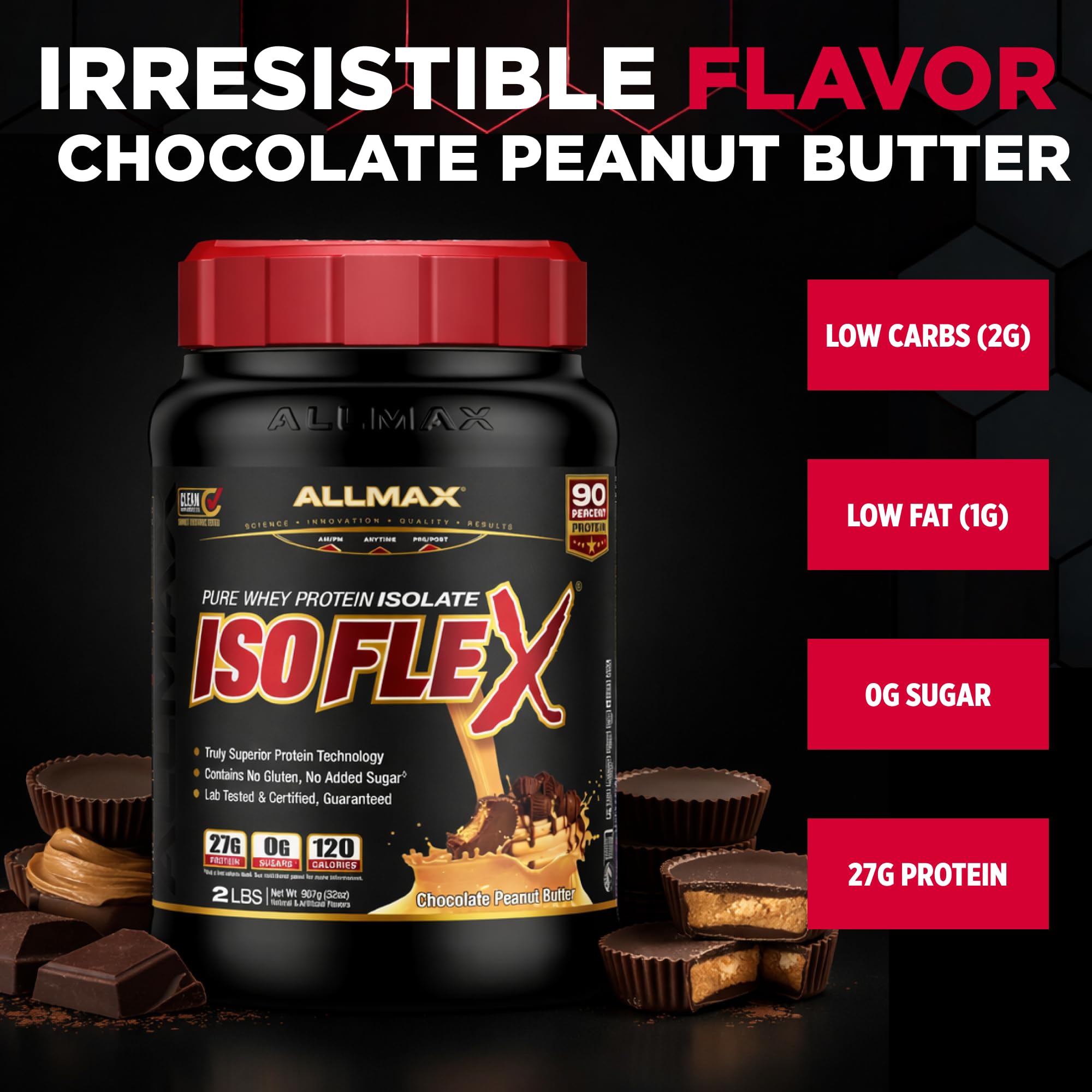 ALLMAX ISOFLEX protein scoop beside tub for quick protein intake.