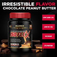 ALLMAX ISOFLEX protein scoop beside tub for quick protein intake.