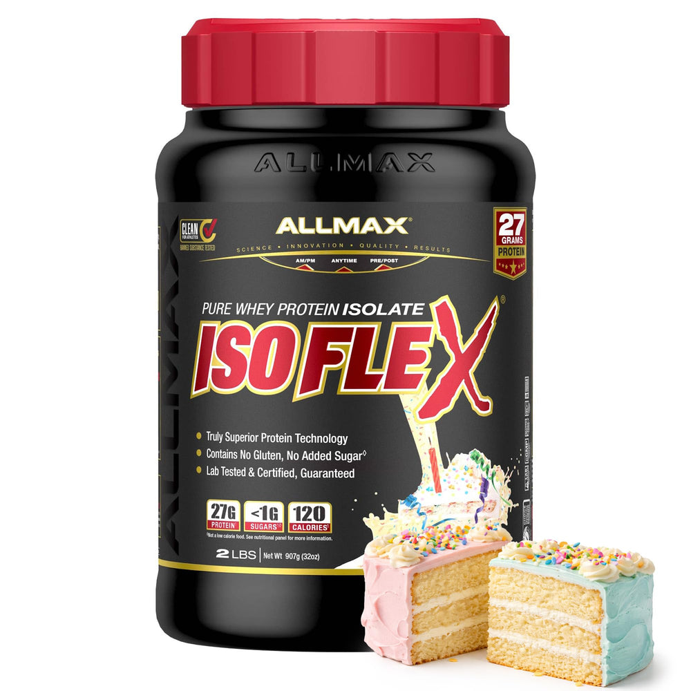 ALLMAX IsoFlex pure whey isolate tub front shows high-purity protein for quick recovery