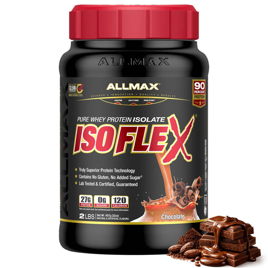 ALLMAX ISOFLEX pure whey isolate tub for clean post-workout fueling.