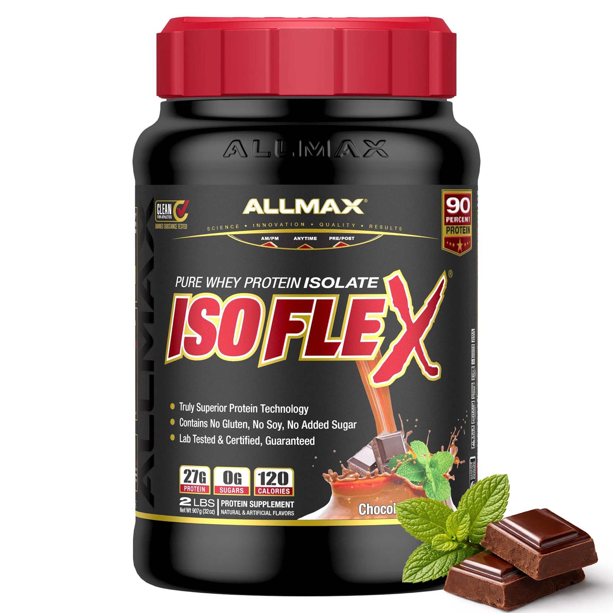 ALLMAX ISOFLEX Pure Whey Isolate tub front view highlighting clean protein for muscle recovery