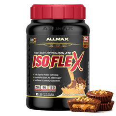 ALLMAX ISOFLEX pure whey isolate tub, high-protein post-workout option.
