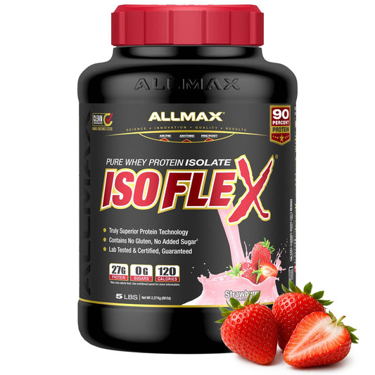ALLMAX ISOFLEX Strawberry bottle pour shows fast absorbing protein for post-workout recovery