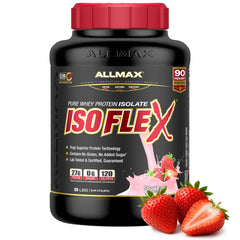 ALLMAX ISOFLEX Strawberry bottle pour shows fast absorbing protein for post-workout recovery