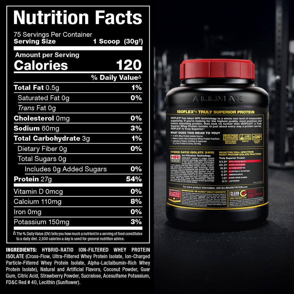 ALLMAX ISOFLEX Strawberry in glass suggests keto-friendly, high-protein option