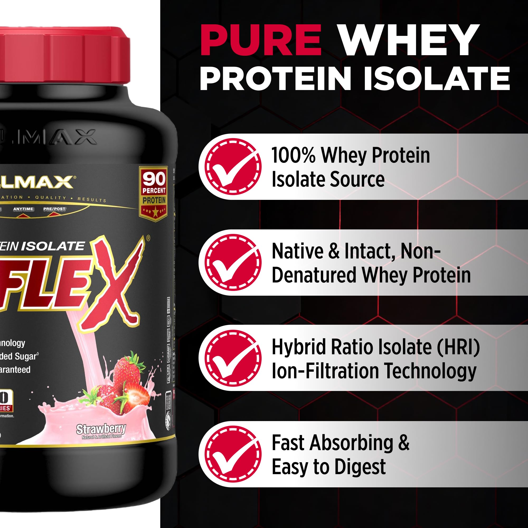 ALLMAX ISOFLEX Strawberry powder tub shows pure whey isolate with low lactose