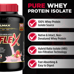 ALLMAX ISOFLEX Strawberry powder tub shows pure whey isolate with low lactose