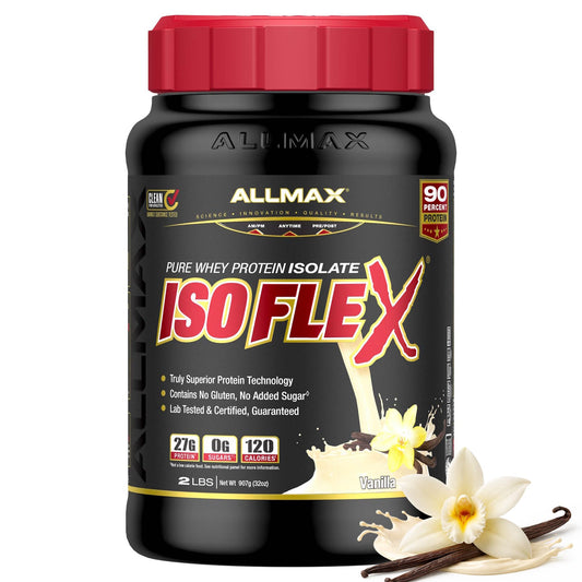 ALLMAX ISOFLEX Vanilla bottle top view, quick pre- or post-workout fuel.