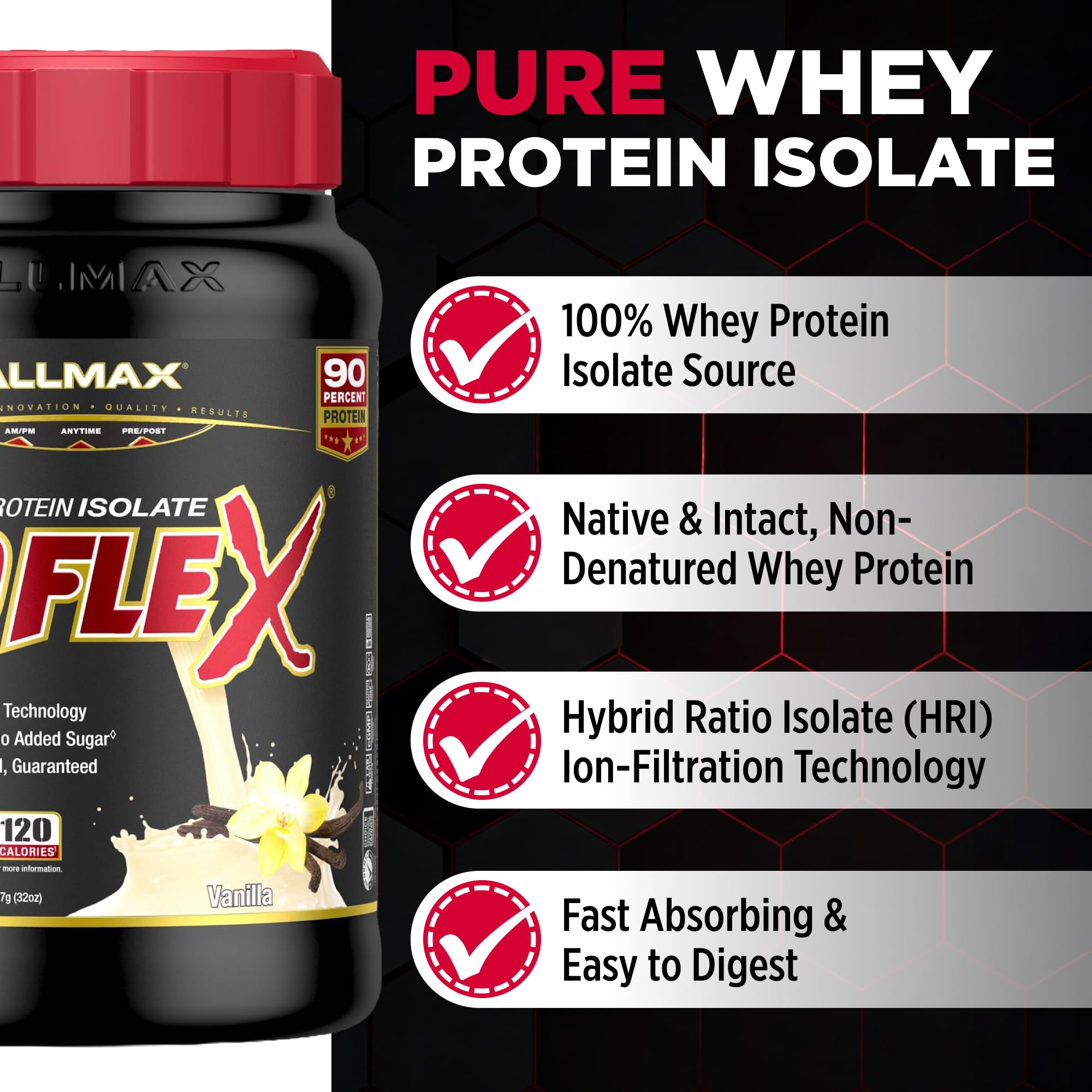 ALLMAX ISOFLEX Vanilla container closeup highlighting clean ingredients.