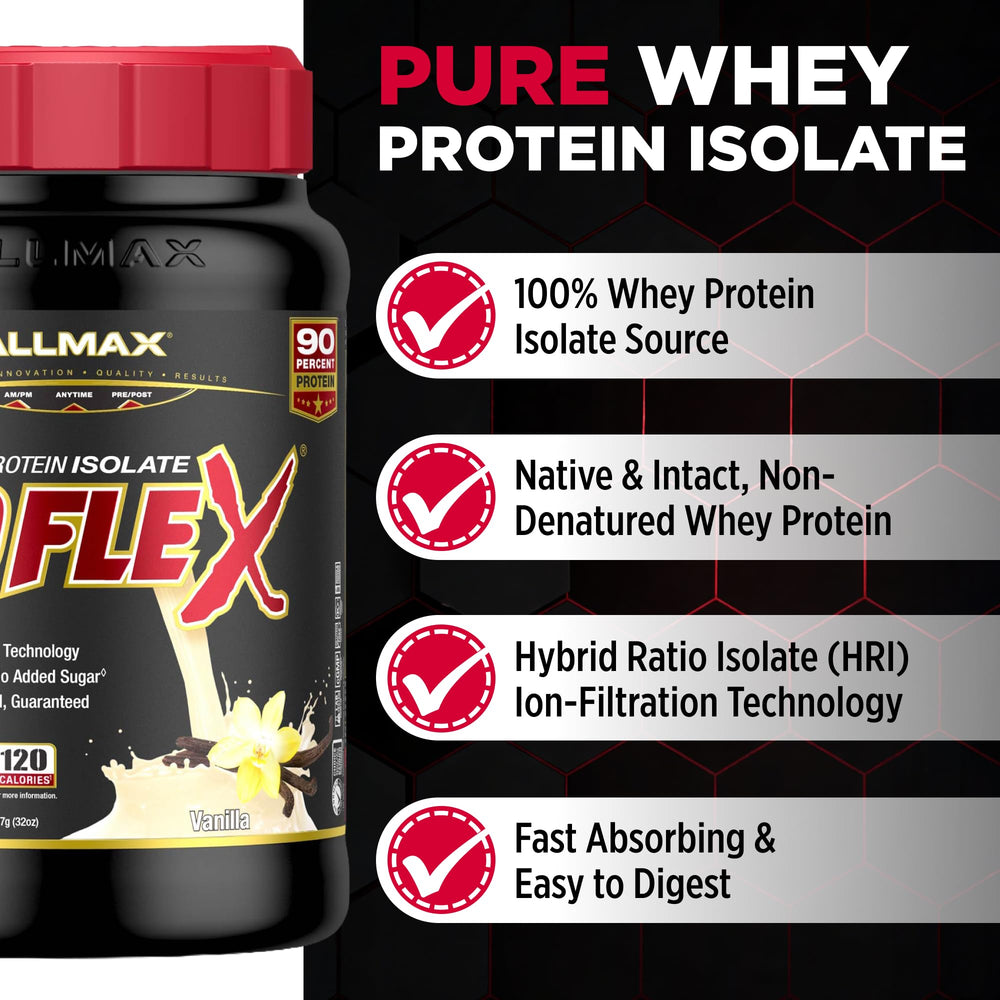 ALLMAX ISOFLEX Vanilla container closeup highlighting clean ingredients.