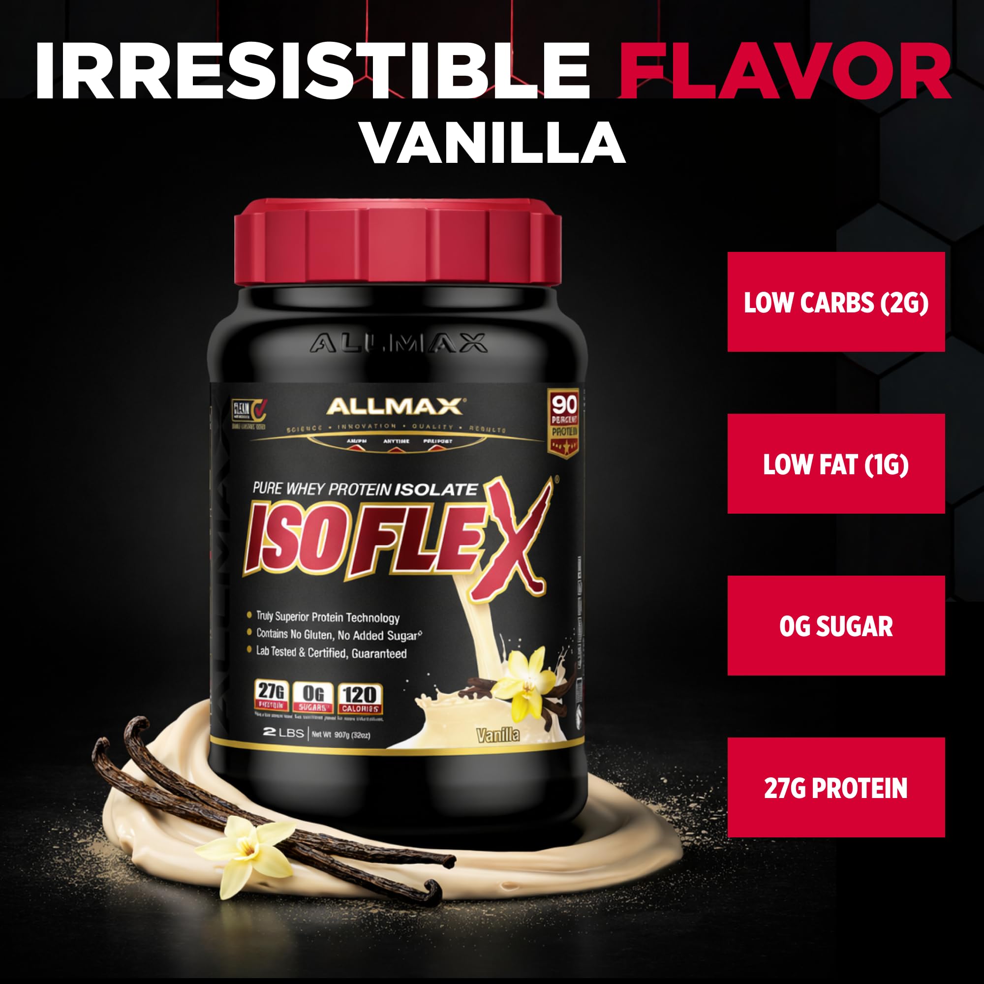 ALLMAX ISOFLEX Vanilla scoop ready to measure 27g protein per serving.