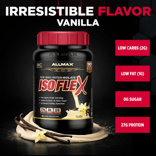 ALLMAX ISOFLEX Vanilla scoop ready to measure 27g protein per serving.