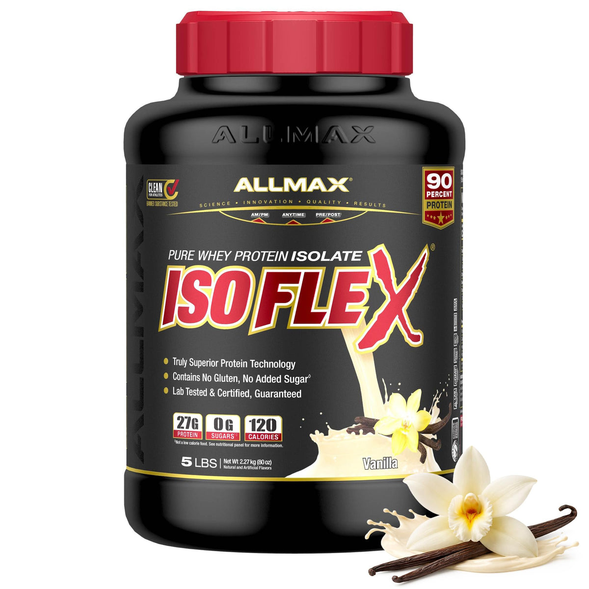 Allmax Isoflex Vanilla tub front, premium protein for lean muscle support and reliable post-workout recovery.
