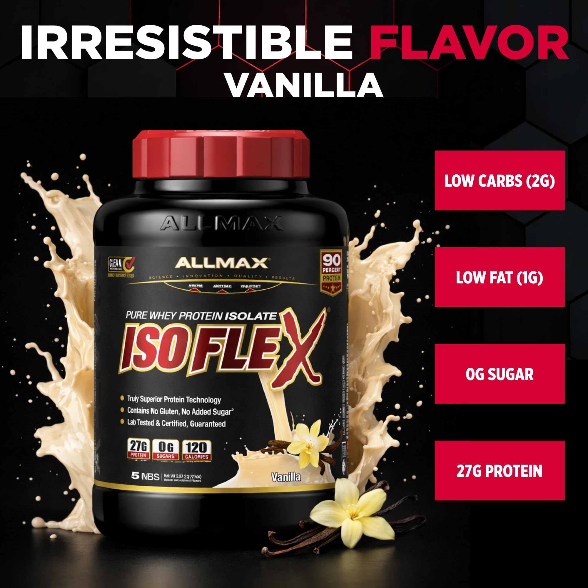 Allmax Isoflex Vanilla tub pour shows convenient single-serve mixing for on-the-go fueling.