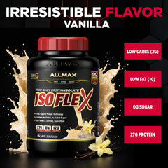 Allmax Isoflex Vanilla tub pour shows convenient single-serve mixing for on-the-go fueling.