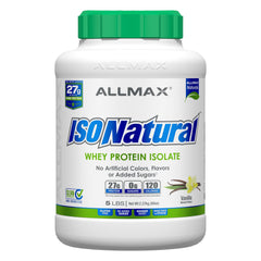 ALLMAX ISONATURAL Vanilla whey protein bottle highlights natural protein option.