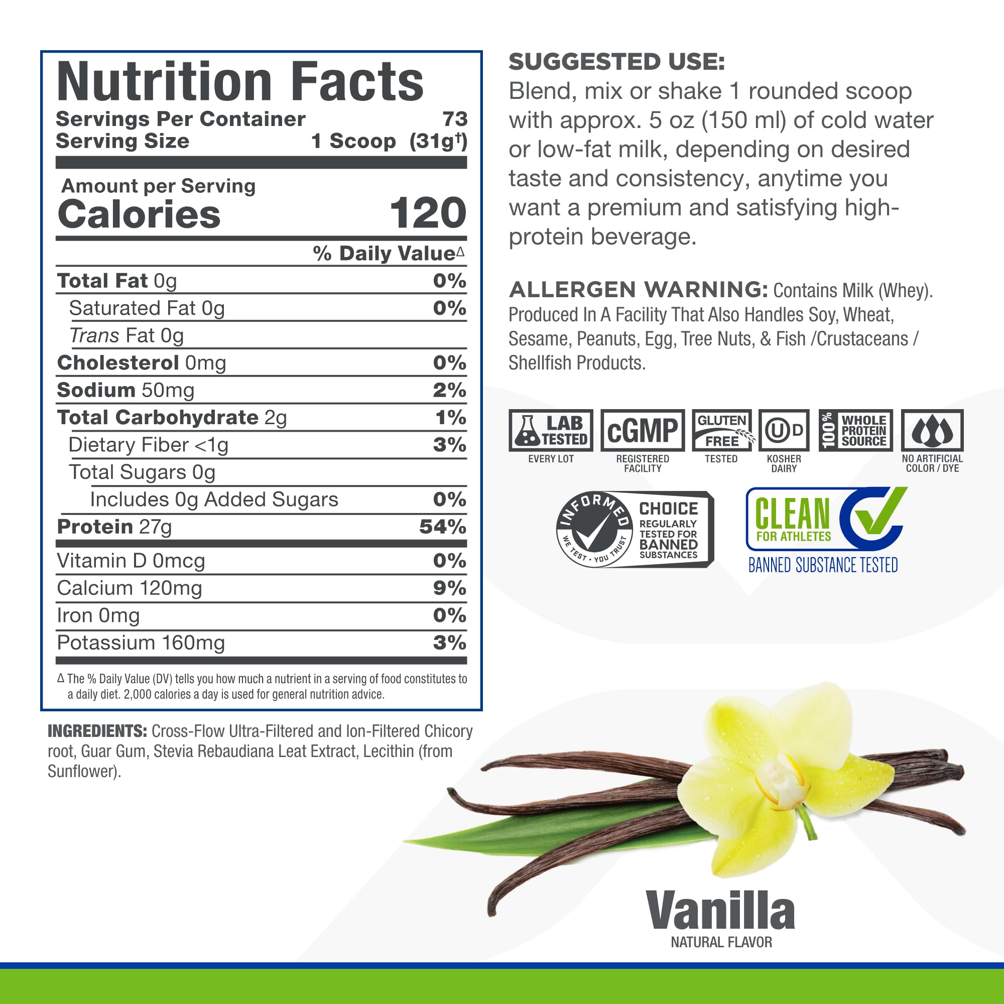 Scoop of ALLMAX ISONATURAL vanilla powder ready for a shake.