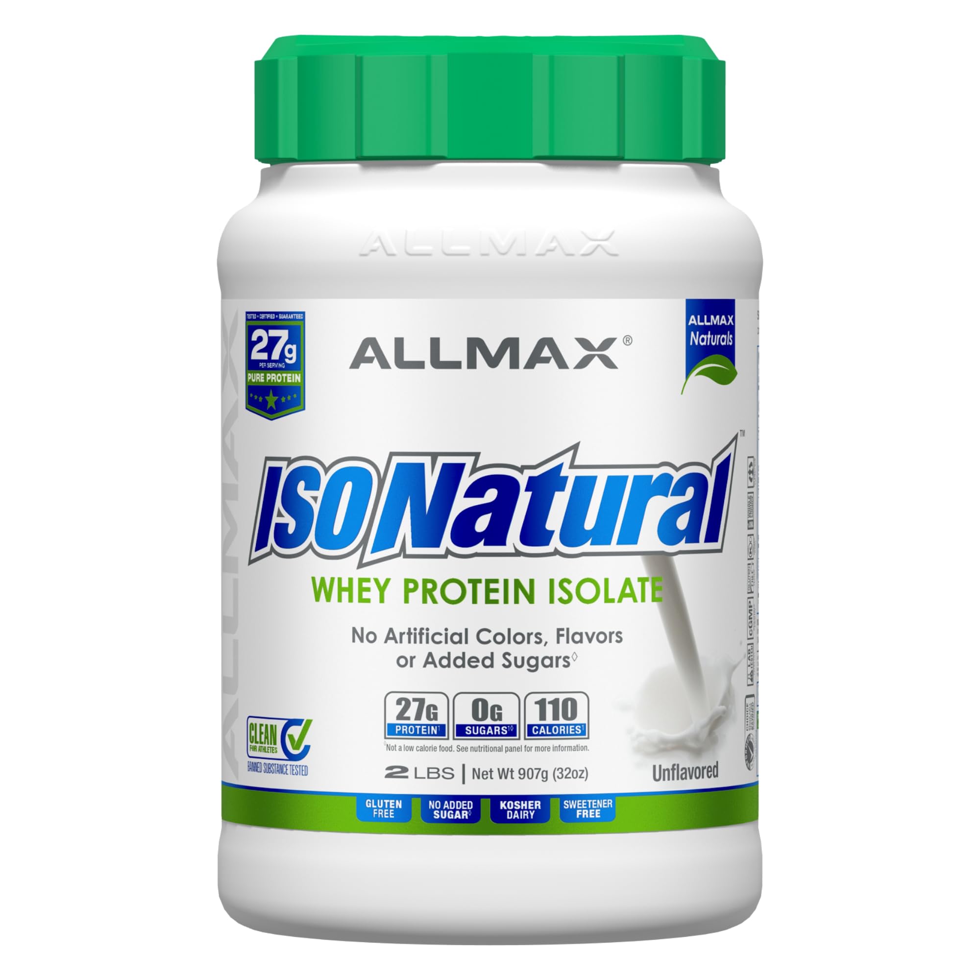 ALLMAX ISONATURAL whey protein isolate bottle shows a natural, high-protein option.