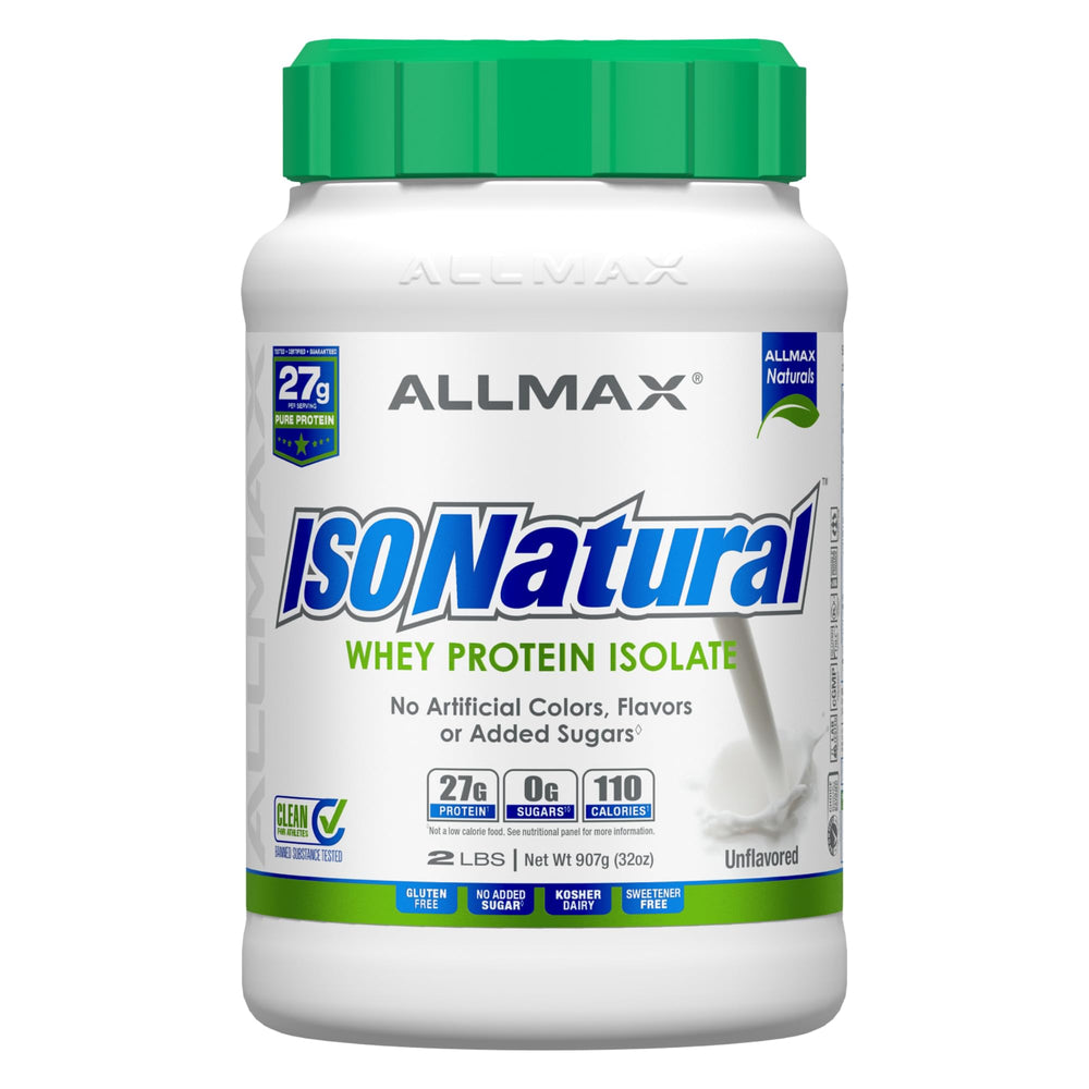 ALLMAX ISONATURAL whey protein isolate bottle shows a natural, high-protein option.