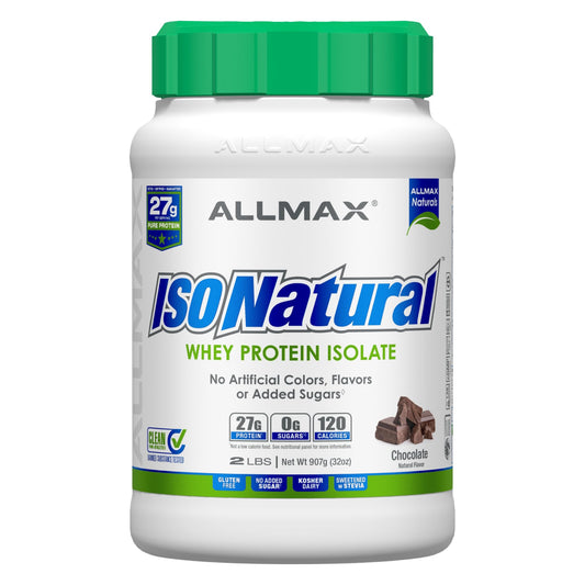 ALLMAX ISONATURAL chocolate bottle highlights natural protein and clean ingredients.
