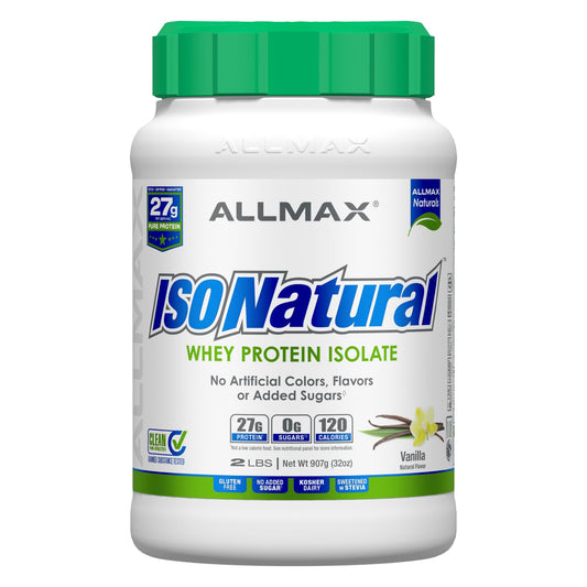 ALLMAX ISONATURAL vanilla whey protein bottle highlights natural ingredients