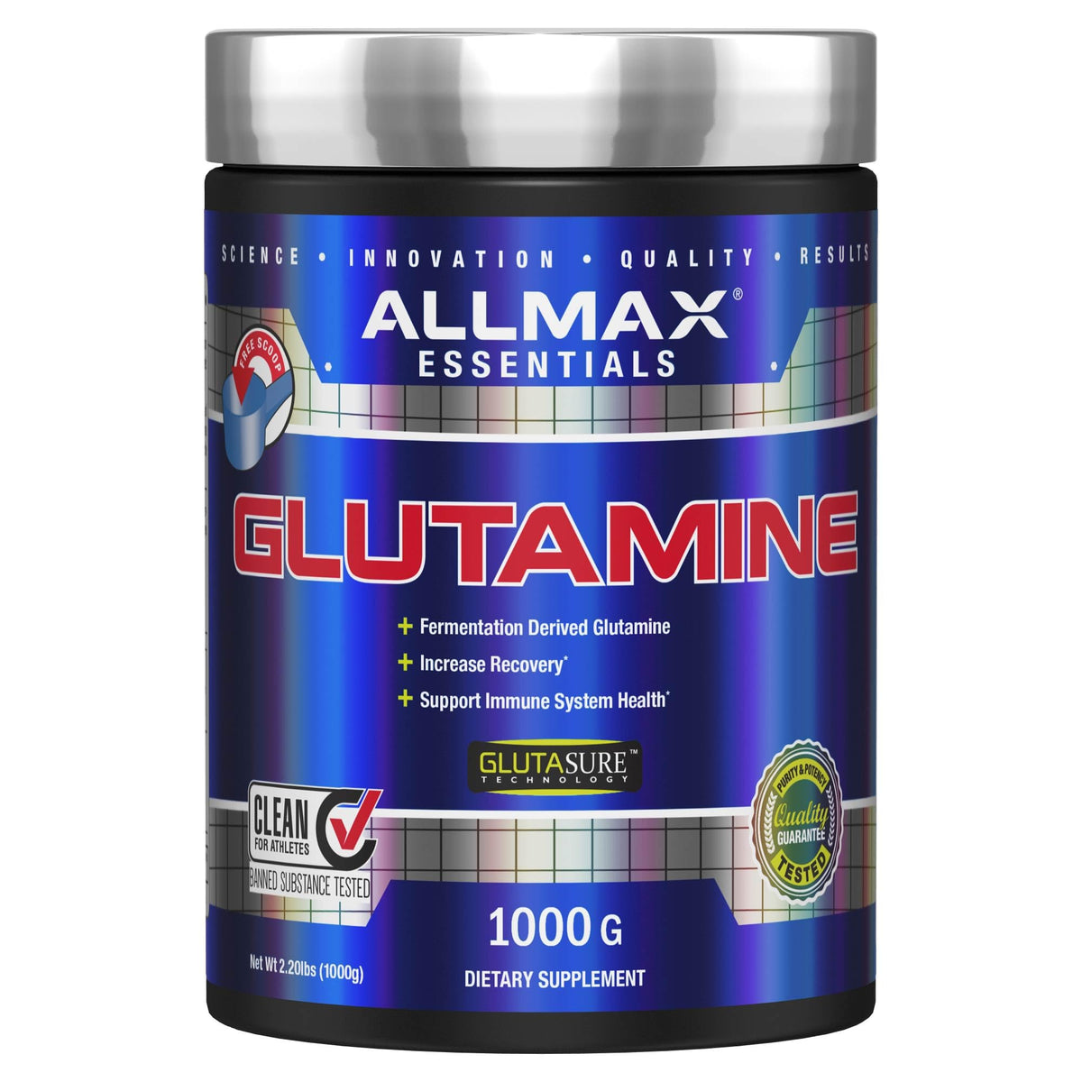 AllMAX L Glutamine Powder bottle showing 1000 g container for daily use