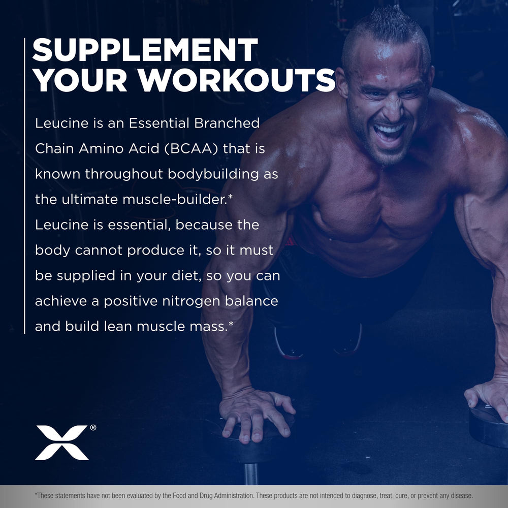ALLMAX Leucine powder beside gym accessories indicating pre-workout versatility