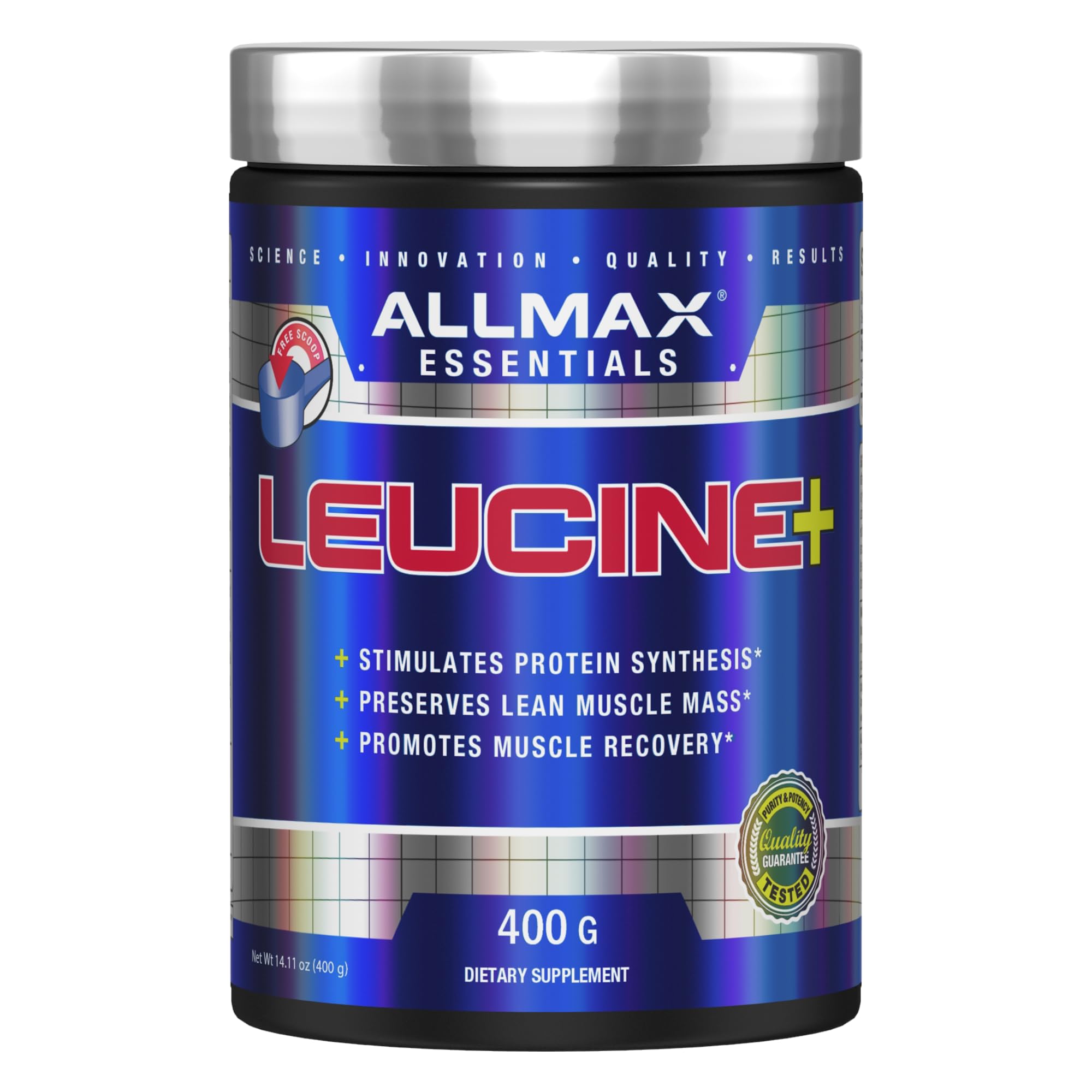 ALLMAX Leucine tub front displaying a clean amino energy boost for workouts