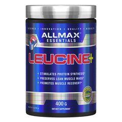 ALLMAX Leucine tub front displaying a clean amino energy boost for workouts