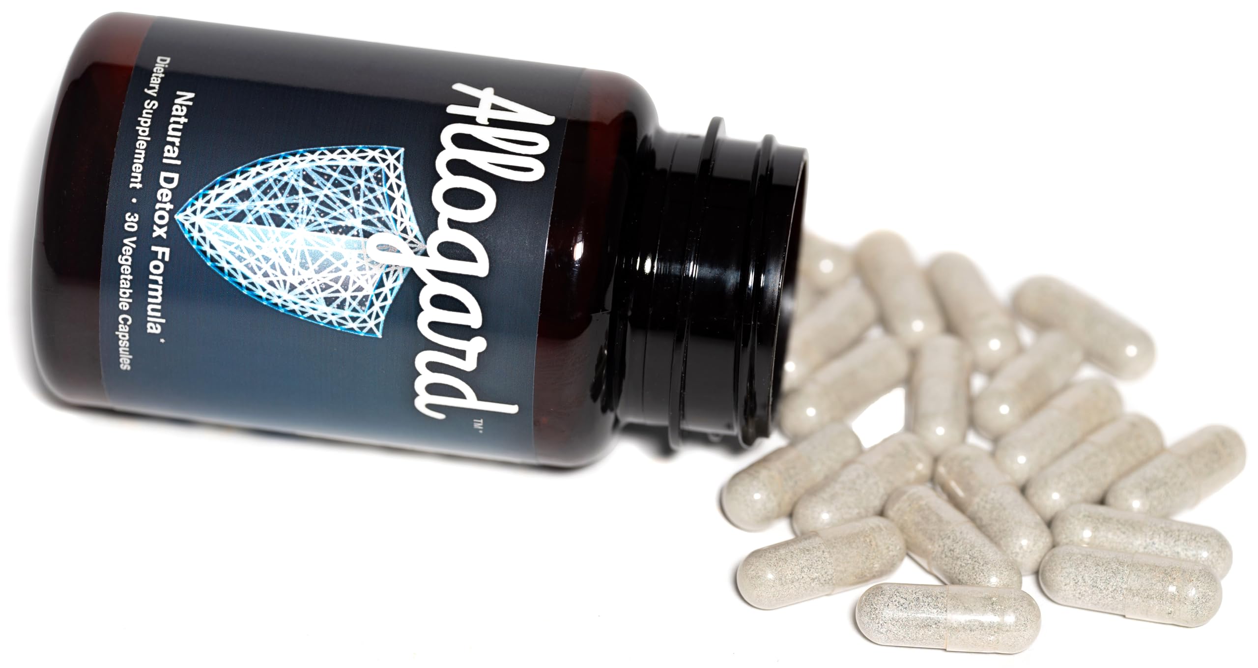 Allogard bottle label communicates vegan, gluten-free, and non-GMO qualities.