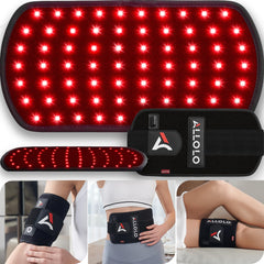 ALLOLO red light therapy belt pad covering the back for targeted relief sessions.