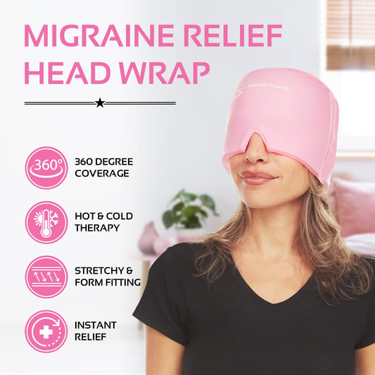 AllSett Health ice head wrap in cold therapy mode for targeted relief.